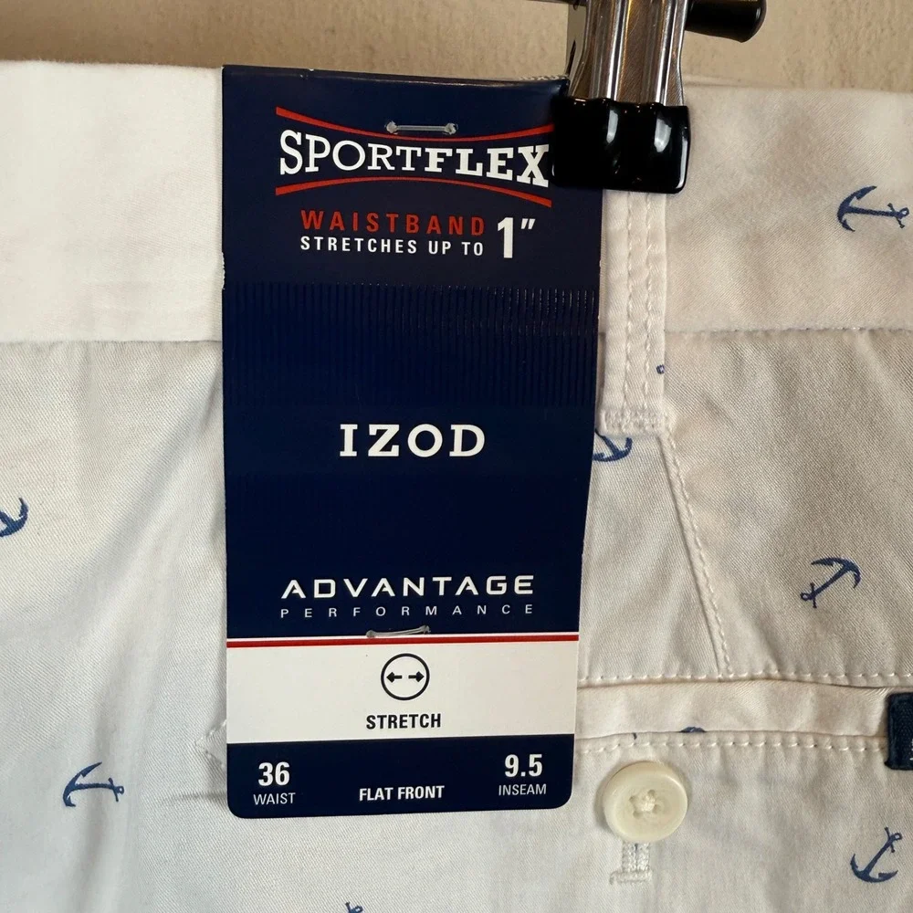 NEW IZOD Mens Advantage Performance Anchor Print Shorts White 36 Sport flex